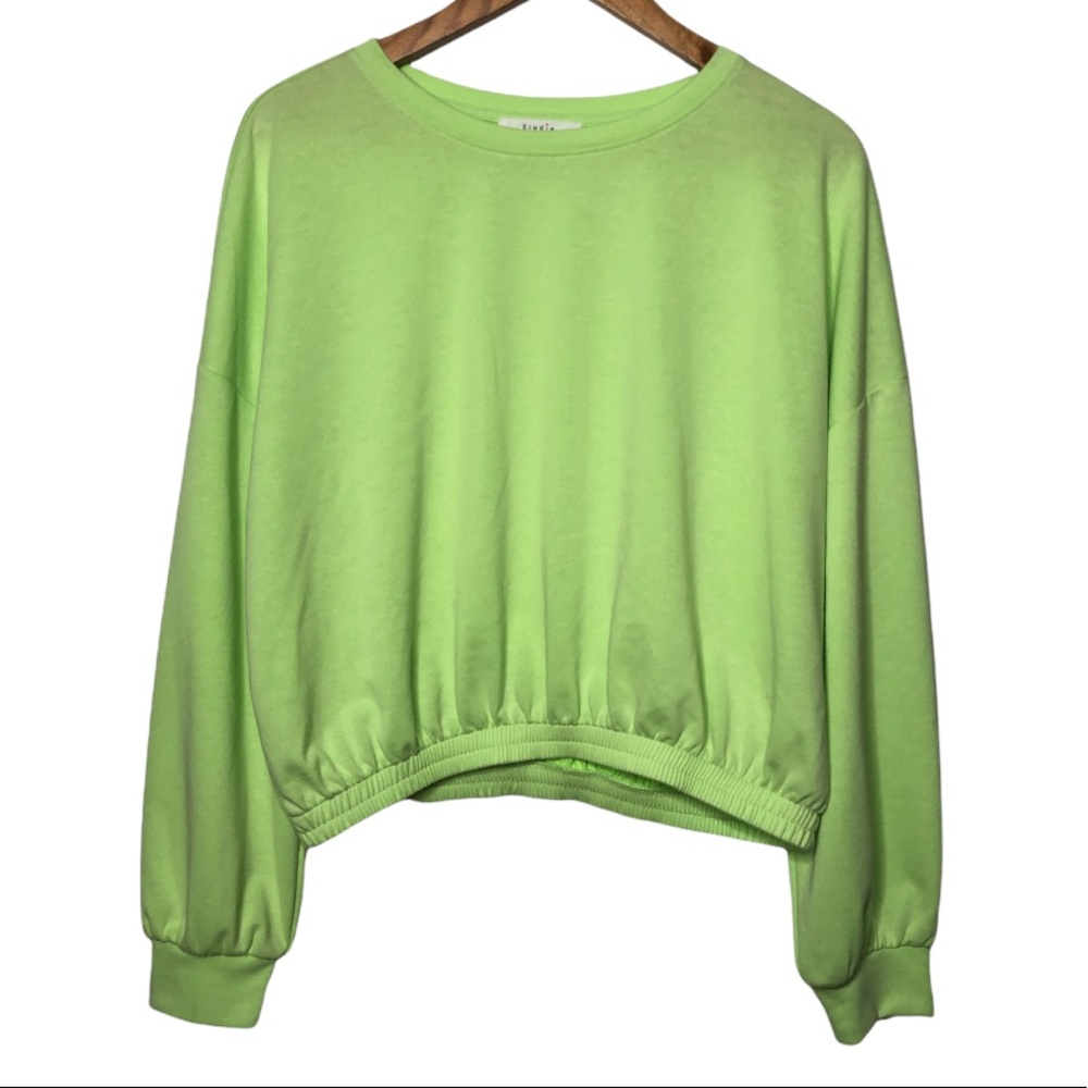 Elodie Bright Green Scoop Neck Cuffed Hem Pullover Cropped Sweatshirt Large NEW - Picture 2 of 7